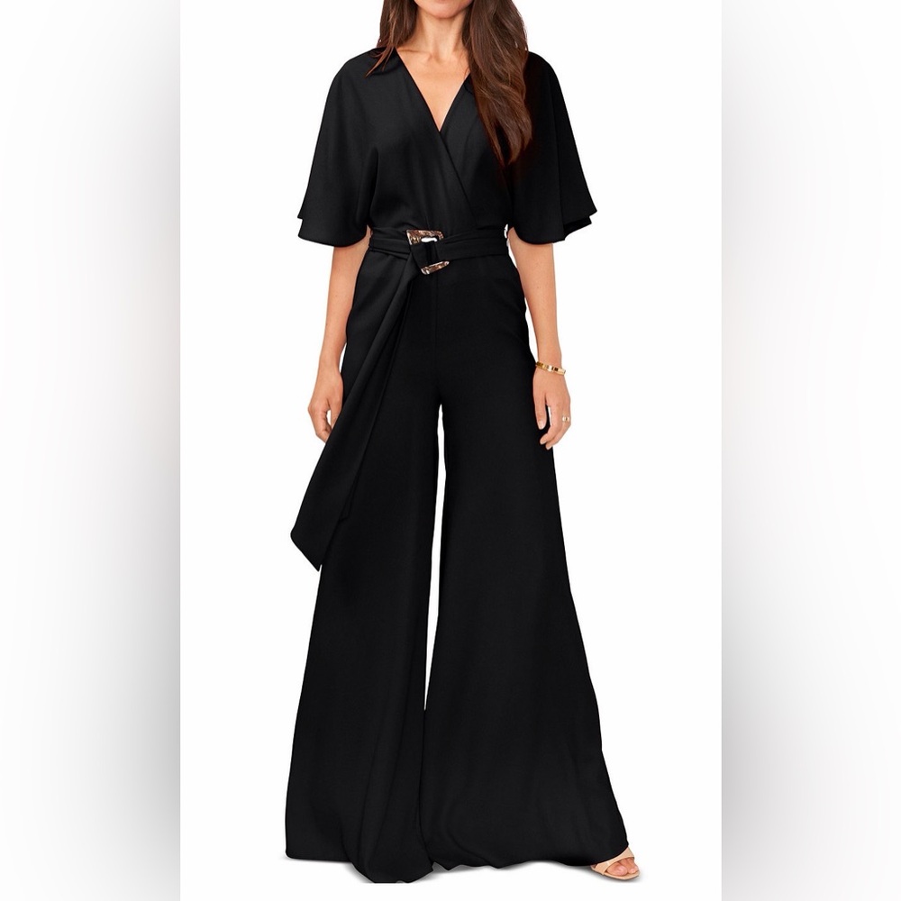 🔥 $129 Vince Camuto Women's Plunge V-Neck Tie Waist Wide Leg Maxi Jumpsuit Sz S